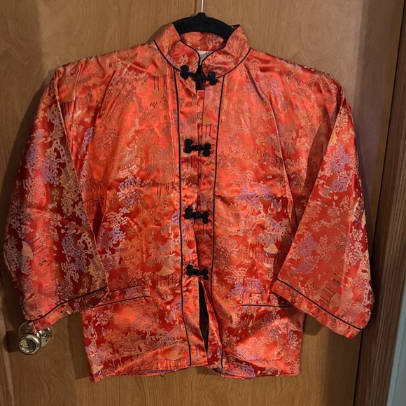 Vogue Mont Jackets & Blazers - BEAUTIFUL VINTAGE ORANGE SILK ASIAN EMBROIDERED COAT LADIES JAPAN KIMONO Size M